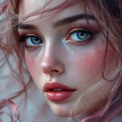 The primary subject of the image is a woman with pink hair, wearing makeup and lipstick. She is looking at the camera with a pouty expression. The setting is a close-up of her face, and the visual style appears to be a photo. The colors and mood of the image are predominantly pink, creating a warm and vibrant atmosphere.